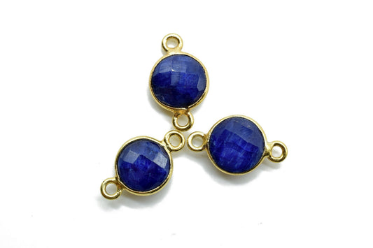 Genuine Blue Sapphire 8mm round double bail connectors,Sapphire Pendant,Sapphire Round Gold Plated bezel,jewelry making Connector,Jewelry