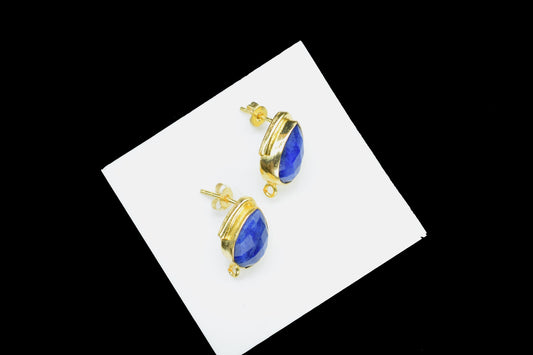 Blue Sapphire Studs Connector/Gold Plated Earring/Handmade Studs/Bezel Set Studs/Teardrop Earring/Women Jewelry/Connector Studs/B'day Gift