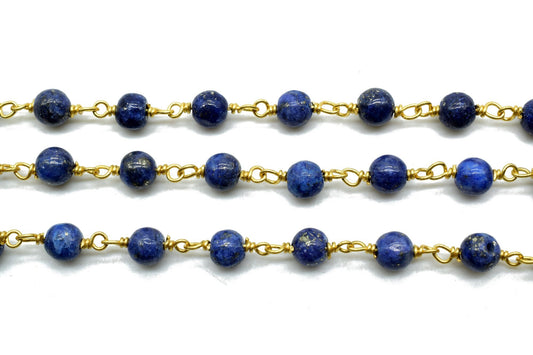 Lapis Lazuli 4mm Round Beaded Chain,Premier Quality Non Tarnish Gold Wire,lapis lazuli Wire Wrapped Rosary Chain,Brass Wire Wrapped Links