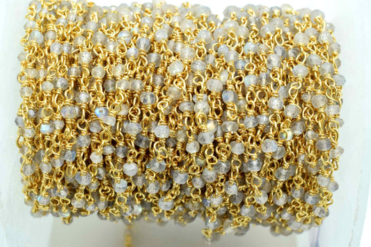 Labradorite 2mm Beaded Chain,Blue Fire Labradorite Rosary Chains,Gold Plating Wire Wrap Chain,Brass chain,Jewelry Making Chains,Rosary chain