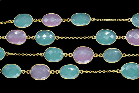 Aqua Chalcedony & Pink Chalcedony Oval Connector Chain,Gemstone Gold Plated Rosary Chain,Bezel chains, Chalcedony Gold Bezel Connector Chain