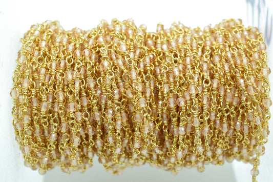 Pink Chalcedony 2mm Beaded Chain,Pink Chalcedony Rosary,Gold Plated Wire Wrap Chain,Brass chain,Jewelry Making Chain,Rosary, vermeil chain