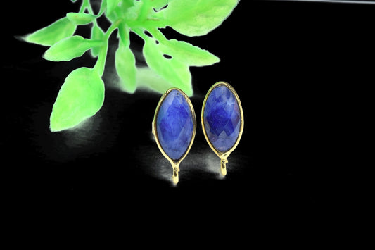 Blue Sapphire 6x12mm marquise Earring Connector,Jewelry Making,Blue Sapphire post stud,Gold Plated Earring Connector,Shape Earring Connector