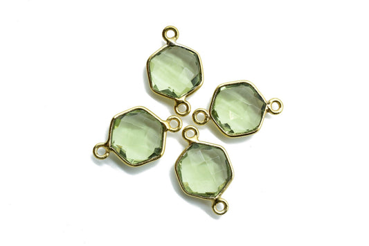 Green Amethyst 10mm Hexagon Shape Pendant,Gold Plated double Bail Gemstone Connector,Faceted Hexagon Shape Gemstone Bezel,Hexagon Pendants
