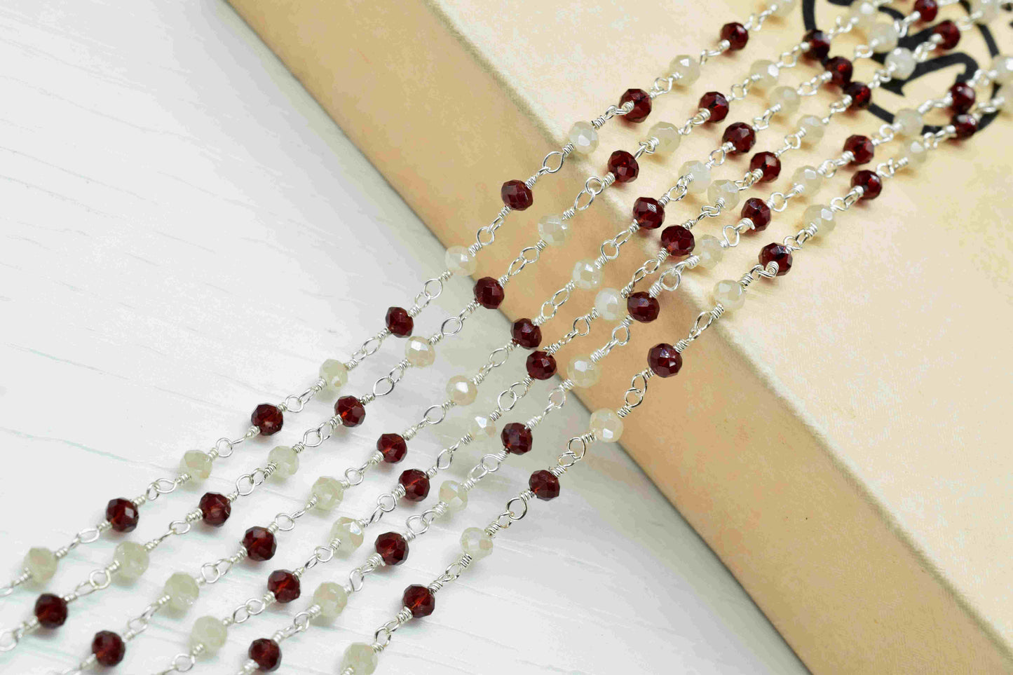 Garnet With White Chalcedony Beaded Chain,Wire Wrapped Rosary,Micro Beads chain,Handmade Rosary Jewelry Making,Multi Stone Rosary Chain,Gift