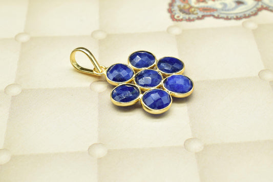 Blue Sapphire Pendant,Precious Gemstone Pendant,Station Bezel Link Supply,Handmade Jewelry,Round Flower Pendant,Blue Sapphire Jewelry,Gift