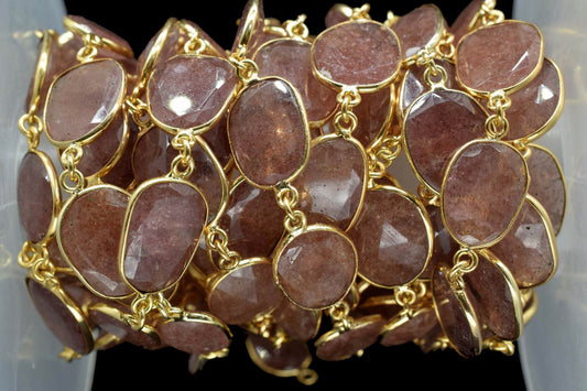 Pink Strawberry Faceted Connector,Gold Bezel Chain,Free Size Gemstone Connector,Station Handmade Bezel Link Chain,Pink Stawbery Jewelry,Gift