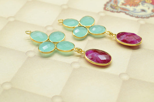 Aqua Quartz Dangle Earrings,Ruby Drop Earring,Multi Stone Dangle Earring,Statement Earring,Handmade Jewelry,Gemstone Bezel Earring,Gift