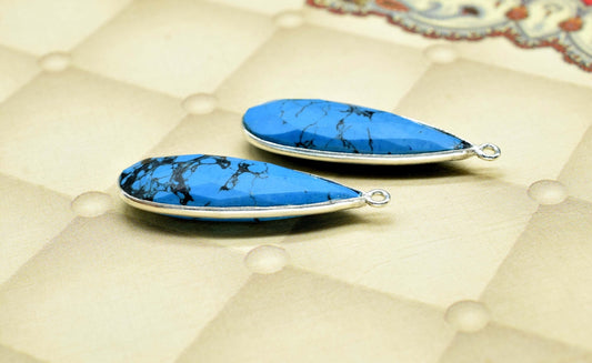 Copper Turquoise 10x30mm Teardrop Charm,Copper Turquoise Faceted Silver Plating Gemstone Charms,Turquoise Gemstone Single Bail Pendant,Gift