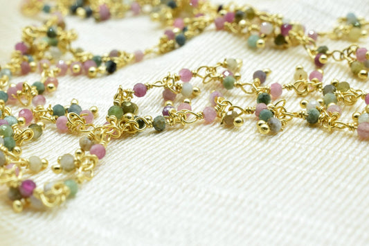 2 mm Natural Multi Tourmaline Faceted Gold Plated Cluster Rosary Chain,Wire Wrap Dangling Rosary,2 mm Beaded Chains,By Foot Finding Jewelry