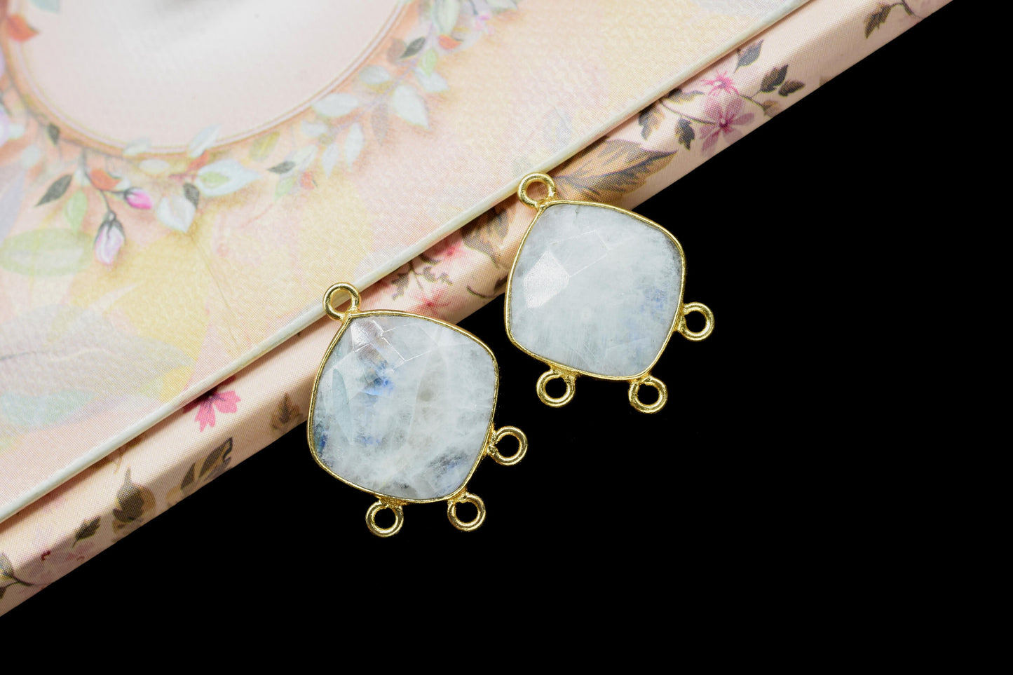 Moonstone 14mm Components Station Bezel Jewelry Supplies,Rainbow Moonstone charm Pendant Jewelry,Rainbow Single Bail Brass Gold Edge Jewelry