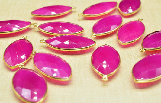Hot Pink chalcedony 15x30mm Marquise shape pendant,chalcedony Bezel,Handmade Bezel,Gold-Filled bezel,Chalcedony charms, Gold Plated bezel