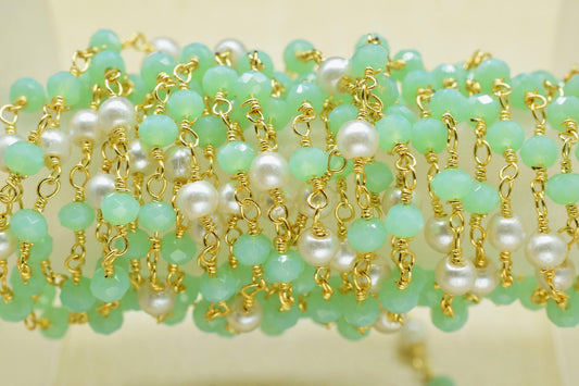 Aqua Hydro Rondelle Beaded Rosary Chain,Gemstone Rosary Chain,Handmade Jewelery Making Craft,Pearl Wire Wrap Rosary Chain,Finding Chain Gift