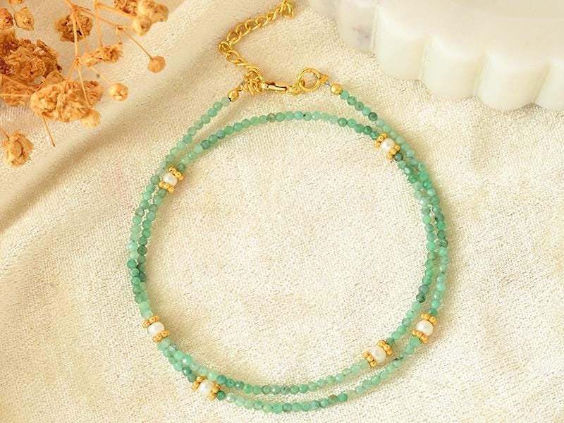 Emerald Beaded Minimalist Choker, 2mm Tiny Small Green Natural Gemstone Beads Necklace, Waterproof Crystal Choker, Healing Jewelry,gift,