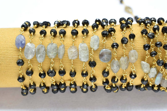 3-3.5 mm Black Rosary Chain,Black Onyx Faceted Beaded Chain,Wire Wrapped Silver Plated Chain,labradorite oval cut rosary ,dual gemstone ,