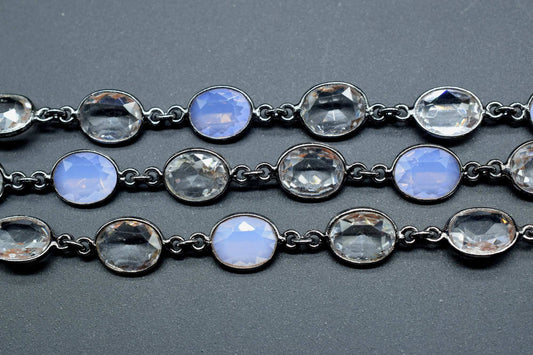Opalite & Crystal Bezel link Chain I Handmade Bezel Link Chain, black rhodium Bezel Chain,Brass Chain,Gemstone Connector Chain Per Foot