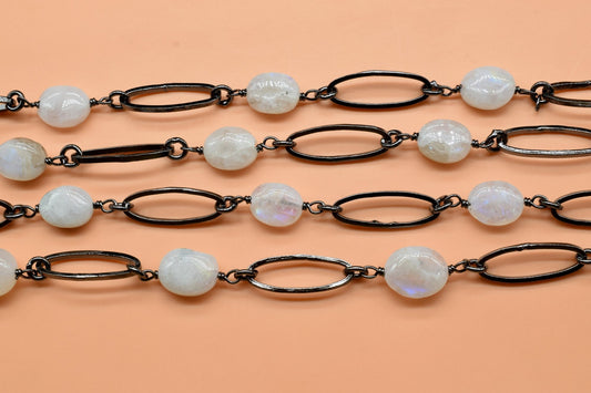 Natural Moonstone Bezel Chain,Rainbow Moonstone Smooth Bezel Chain,Moonstone Gemstone Bezel Continuous Connector Chain,Jewelry Making Chain