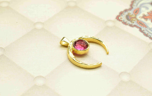 Pink Tourmaline Pendant , Single Bail Charm ,Pink Tourmaline Connector Pendant ,Gold Plated Connectors ,Single Bail Gemstone Connector Charm