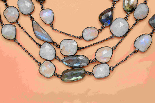 Rainbow Moonstone Mixed Shape Faceted Bezel Chain,Labradorite Handmade Bezel Link Chain,Gemstone Bezel Connector Rosary,Black Rhodium Bezel
