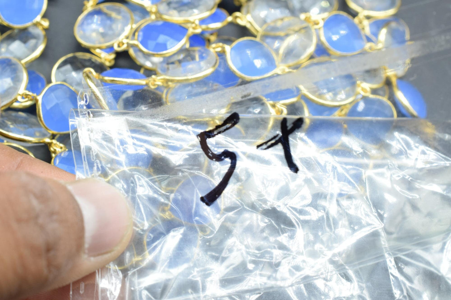 Blue chalcedony & Crystal Bezel Chain I Handmade Bezel Link Chain I Chalcedony Gold Plated Bezel Chain,,Gemstone Connector Chain Per Foot