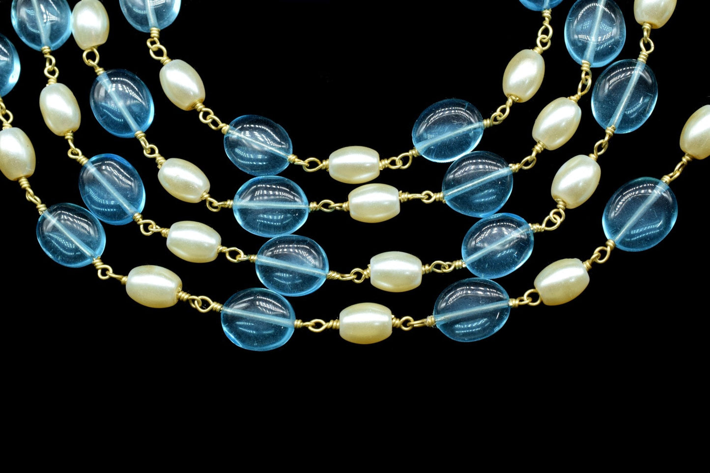 White Pearl and Sky Topaz Rosary Chain,Jewelry Making Beaded Chain By Foot,Pearl and Sky Topaz Rosary Oval Shape Beads,Wire Wrap Rosary