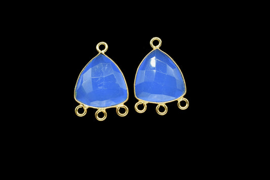 Blue Chalcedony 15mm Trillion Shape Gold Plated Bezel Connector,Blue Chalcedony Faceted Connector,Blue chalcedony Single bail component,Gift