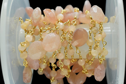 Peach Moonstone Beads Rosary,Silver Plated,Wire Wrapped link Stone Rosary,Heart Shape Briolette Chain, New Style Rosary,moonstone rosary,