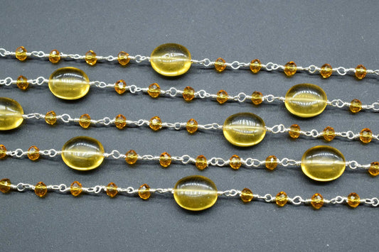 Citrine Smooth oval Rosary Beaded Chain,Citrine Oval Wire Wrapped Rosary Chain,Citrine Oval Beads,Wire Plated Rosary Beaded Chain, Per Foot
