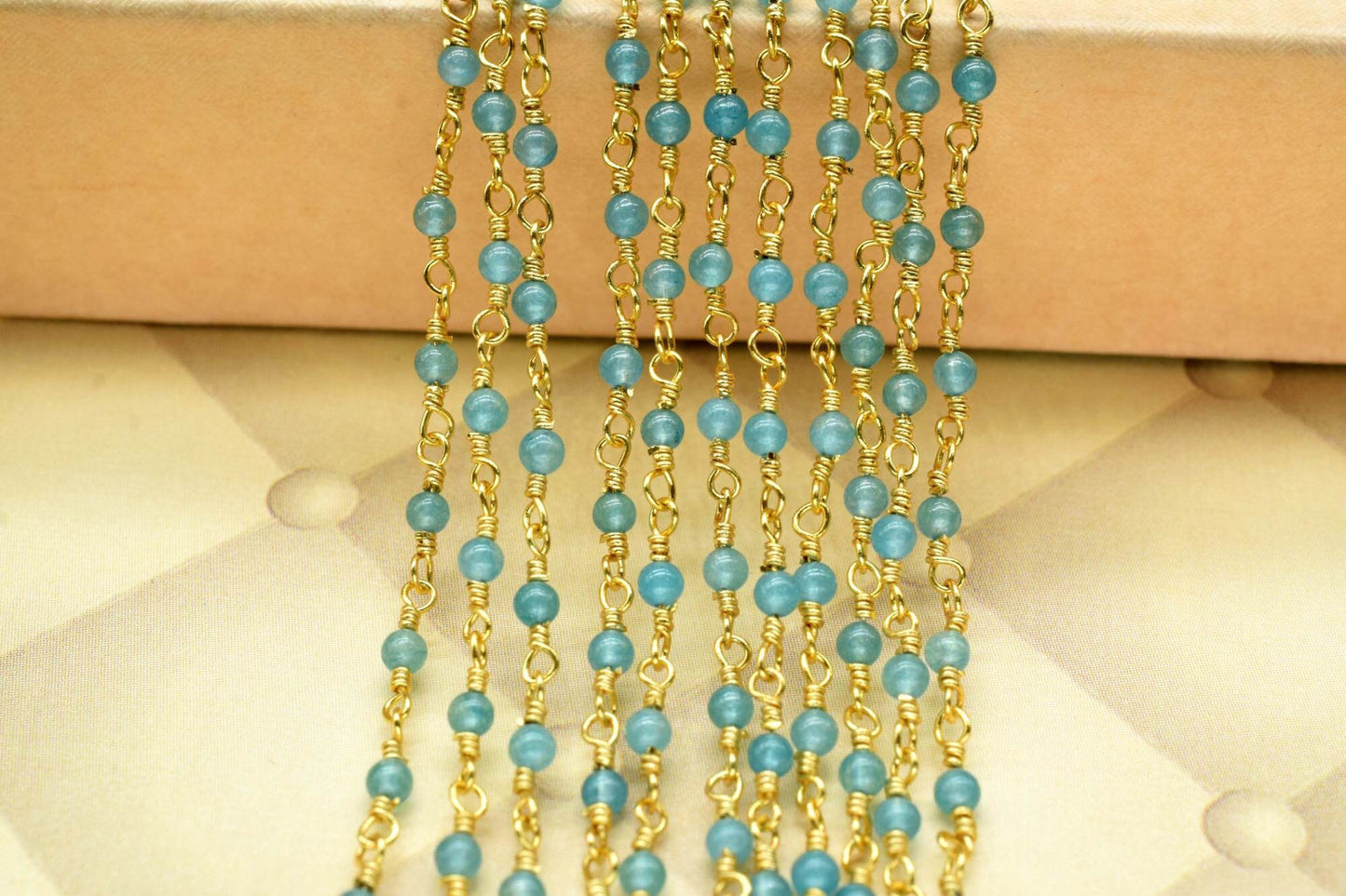 Apatite 2.5mm Beaded Chain,Apatite wire wrapped chain,Beaded chain,rosary chain,jewelry making supplies,Apatite Gold Plated Wire Wrapped