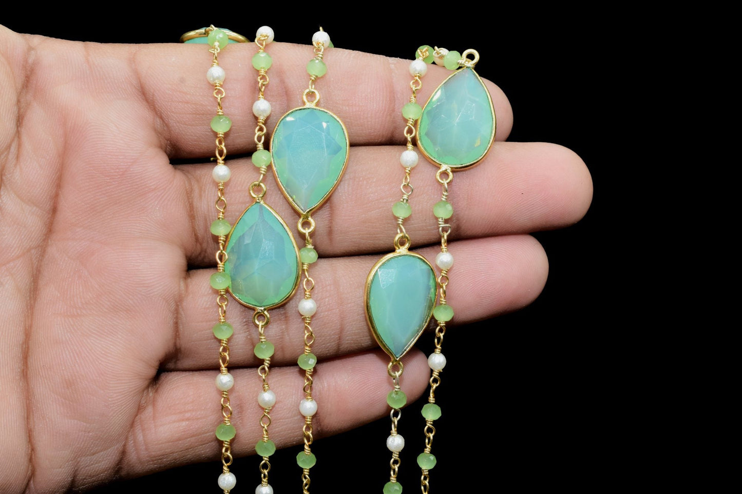 Chrysoprase Rosary Chain,Chrysoprase Bezel Link Chain,Pearl Rosary Chain,Chrysoprase Faceted Beaded Chain,Gemstone Bezel Chain,Gold Plated
