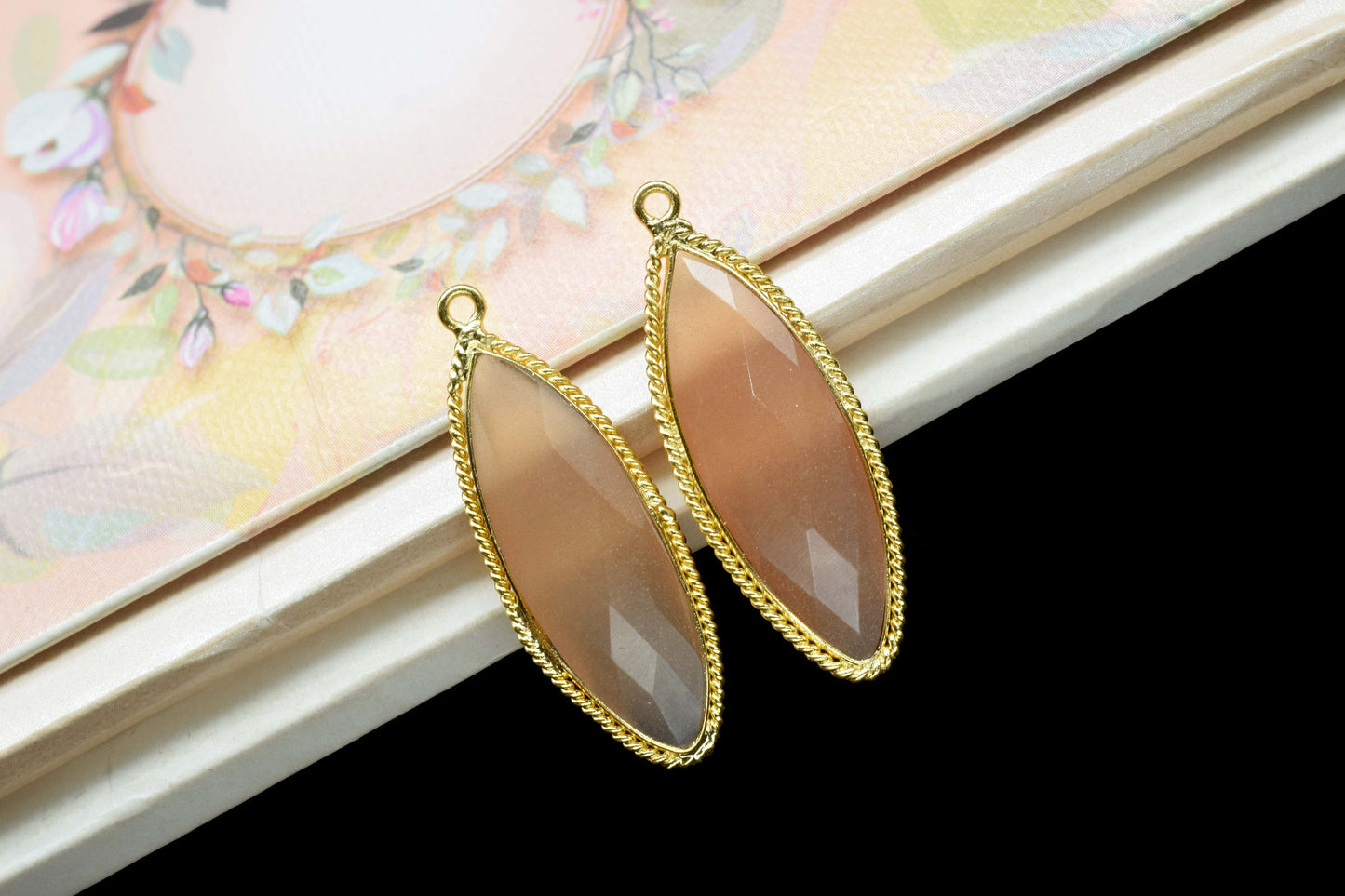 Peach Moonstone Gemstone 10x30mm Marquise Shape Connector,Peach Gemstone Gold Plating Single Bail Jewelry Connector,Peach Moonstone Pendants