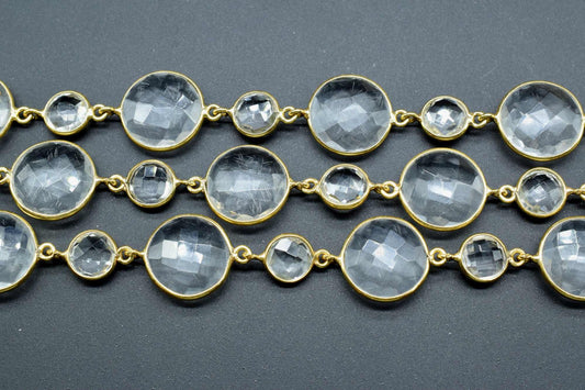 Crystal Bezel Chain I Handmade Bezel Link Chain I Clear Quartz Gold Plated Bezel Chain IBrass Chain,Gemstone Connector Chain Per Foot