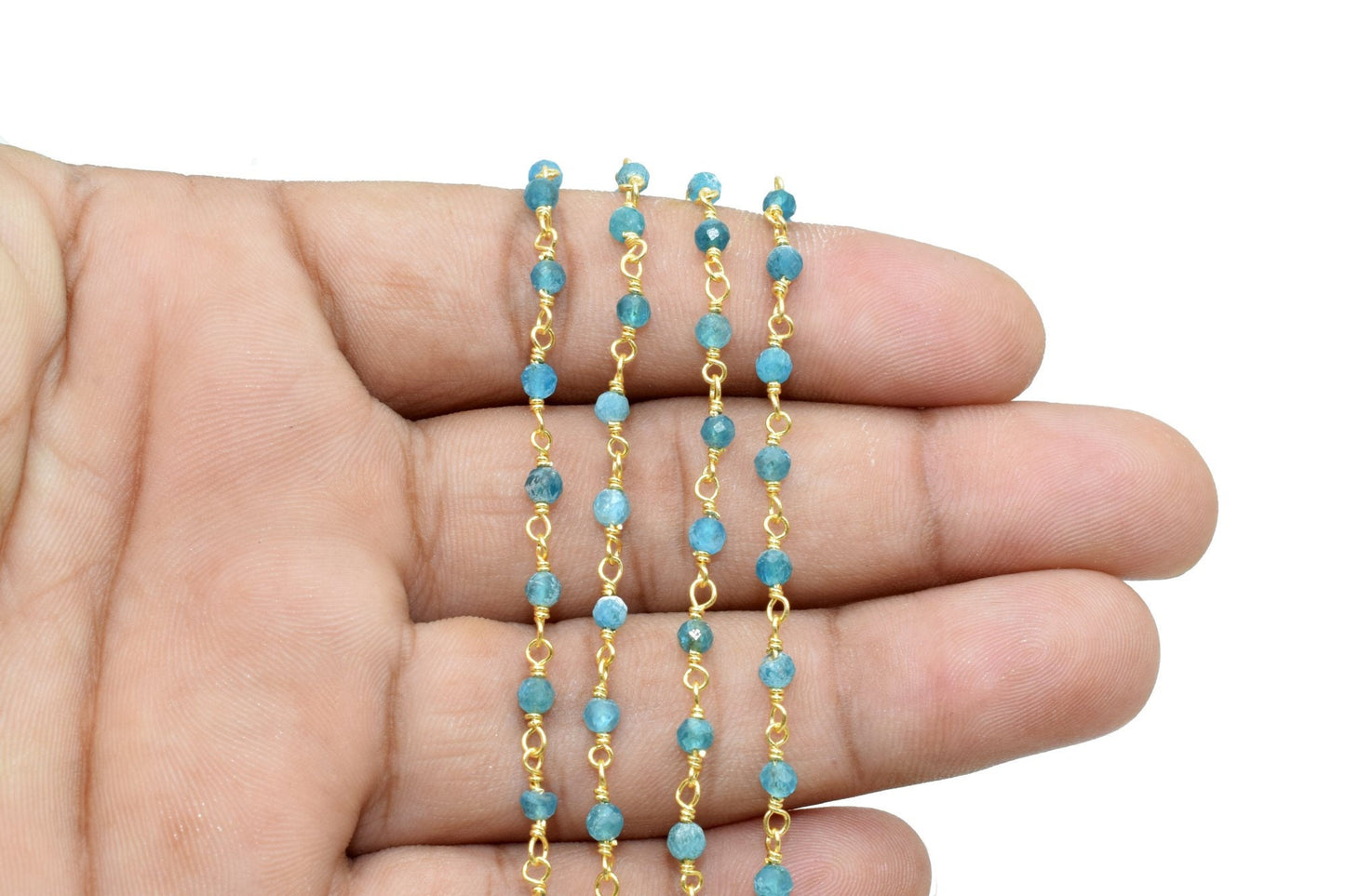 Apatite 3mm Beaded Chain,Apatite wire wrapped chain,Beaded chain,rosary chain,jewelry making supplies,Apatite Gold Plated Wire Wrapped Chain
