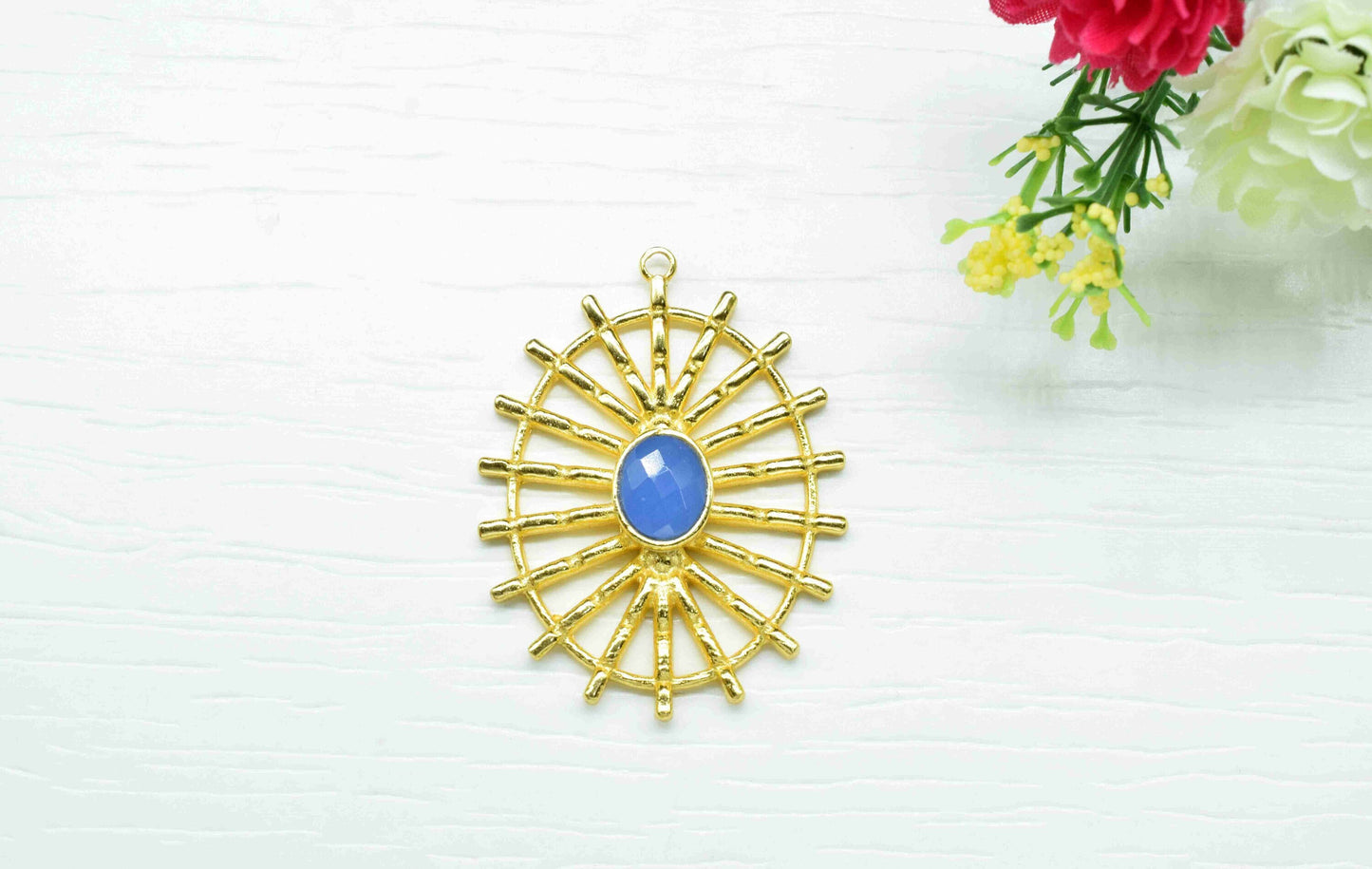 Blue Chalcedony Gemstone Component Single Bail Charm, Blue Chalcedony Connector Pendant,Gold Plated Connectors ,Pendant Jewelry, Earring