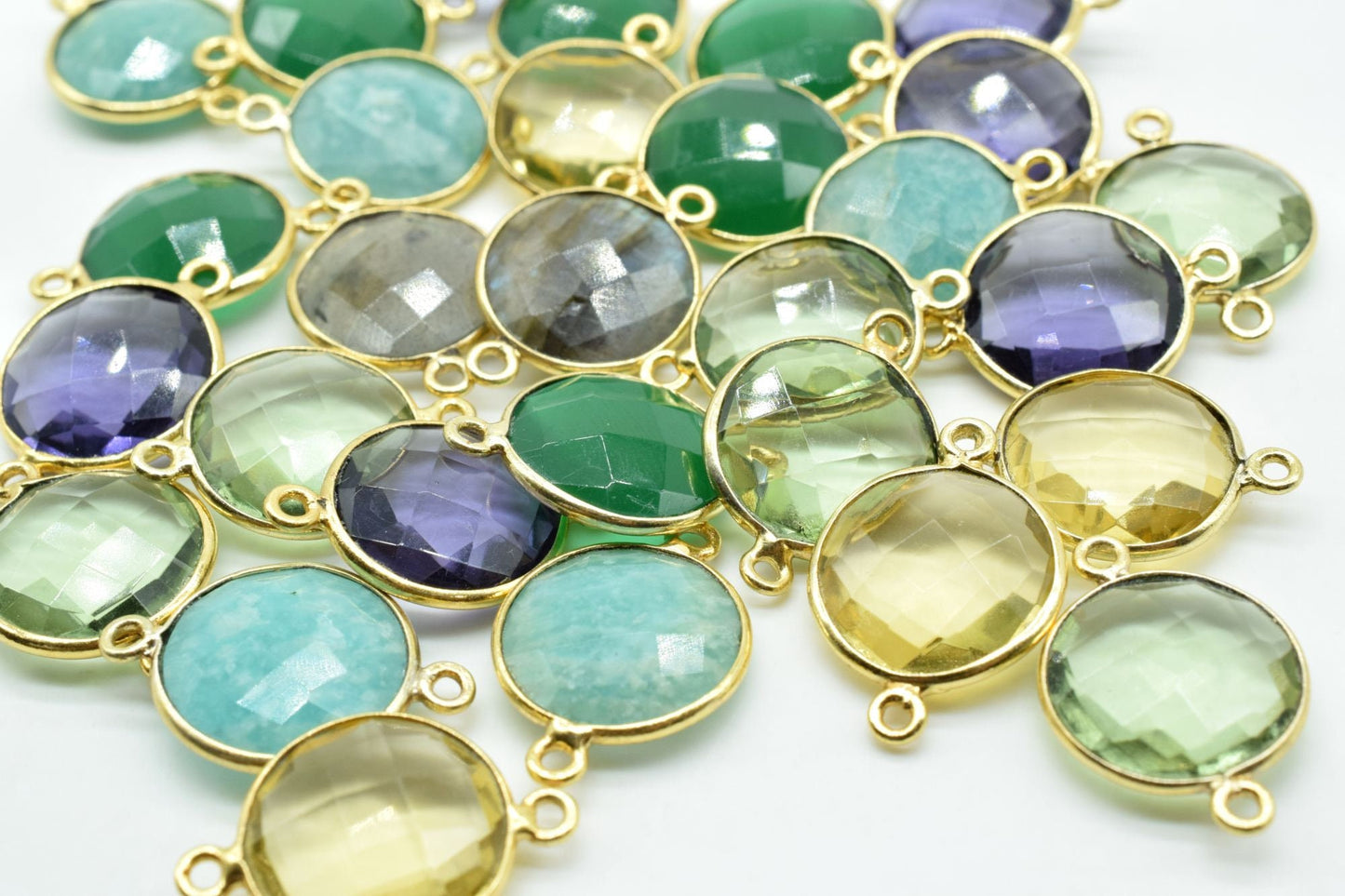 Natural Green Onyx 14mm Round Dual links connector,Brass Gold Plated bezel,Green Onyx Pendant,Stone Links,Gems Station,Onyx Earring Supplies