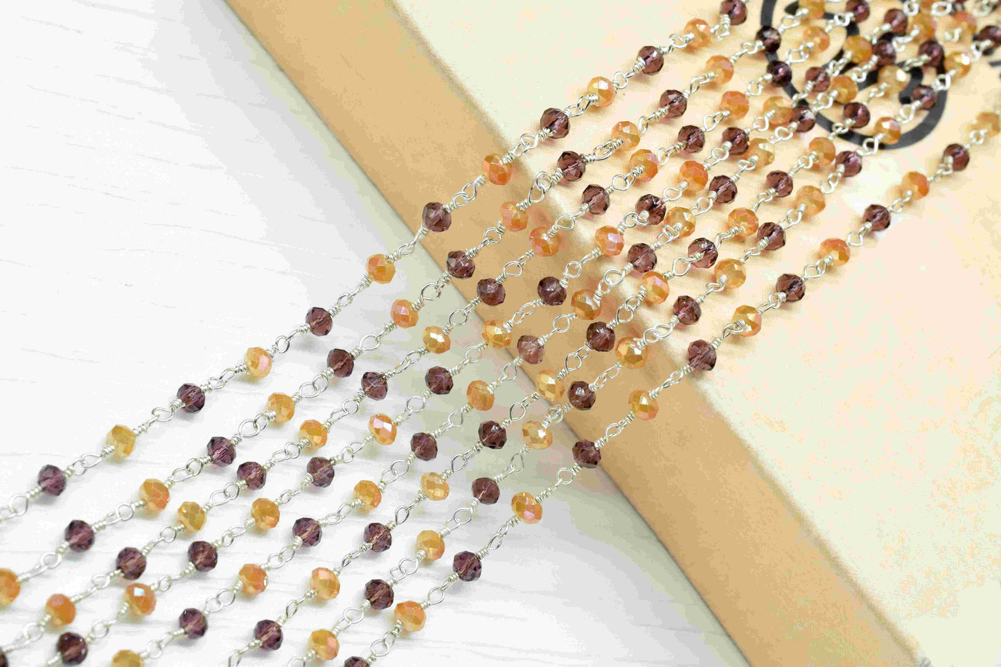 Multi Stone Hessonite Garnet Caoted 3mm Beaded Chain,Carnelian Coated Faceted Bead Chain-Body Chain-Wire Wrapped Chain-Handmade Craft Supply