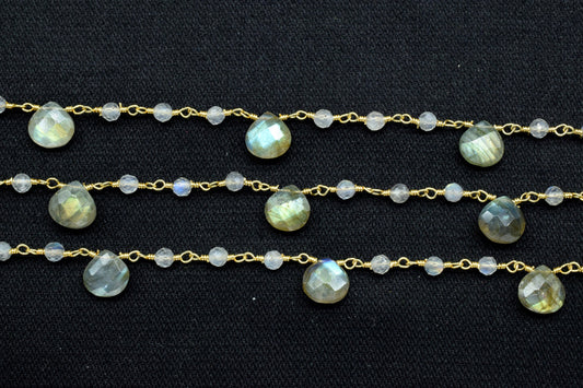 labradorite 3mm Rosary Beaded Chain,Labradorite Heart Shape Rosary Chain,Sold By Foot,labradorite briolette beaded chain,labradorite chain