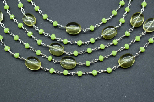 Natural Prehinte Smooth Oval Rosary Style Beaded Chain,Gold Plated Wire Wrapped Chain,Gemstone Linked Handmade Chain,Jewelry Making,Per Foot