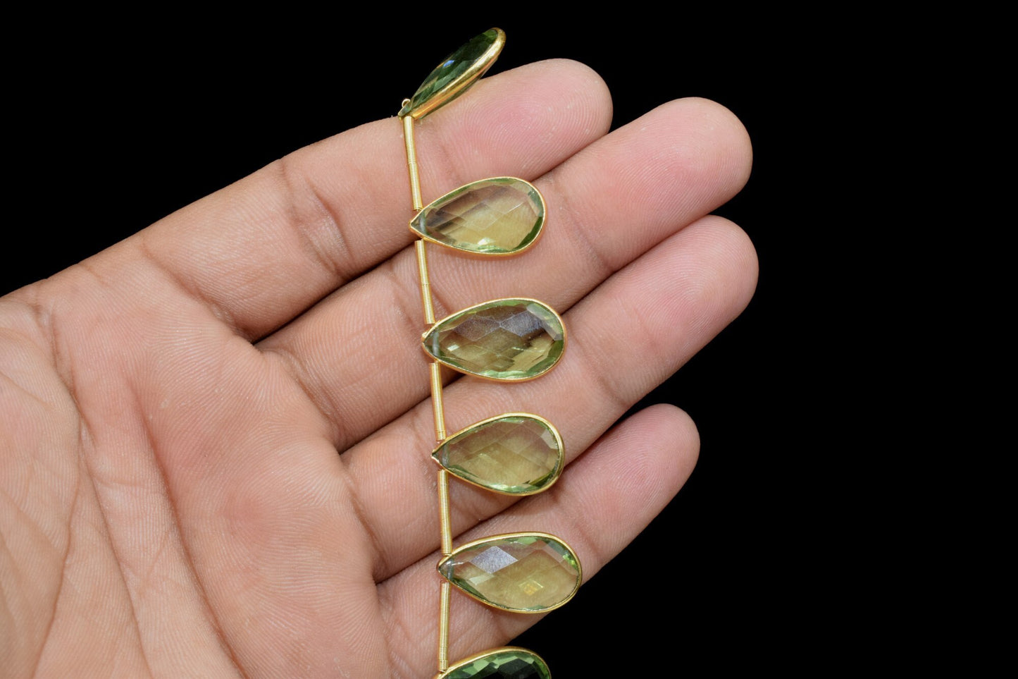 Green Amethyst Side to Side Drilled chrams,Faceted Teardrop Gold Bezel ,pendant,earring findings,connector,Gemstone drilled bezel strand