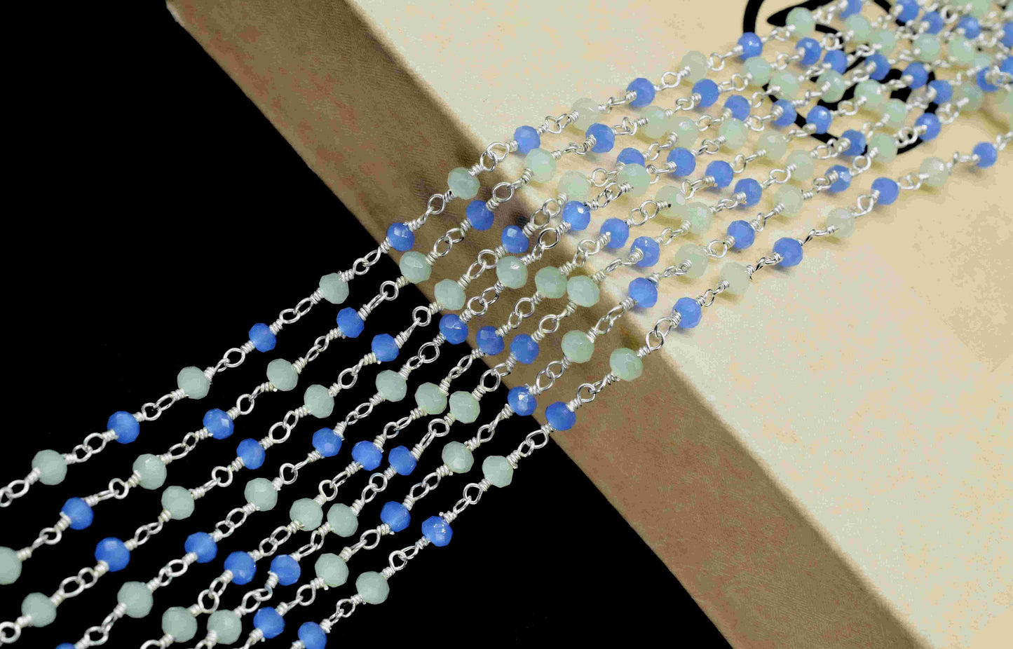 Peru Chalcedony 3mm Beaded Chain,Multi Stone Beaded Rosary Chain,Wire Wrapped Rosary Chain,Blue Quartz stone links,Handmade Jewelry Making