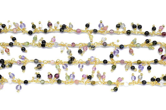 Multi Tourmaline 2mm round shape Cluster Rosary chain,Handmade Cluster Rosary,2mm Gold Plated Rosary Chain,Brass gold plated cluster chain