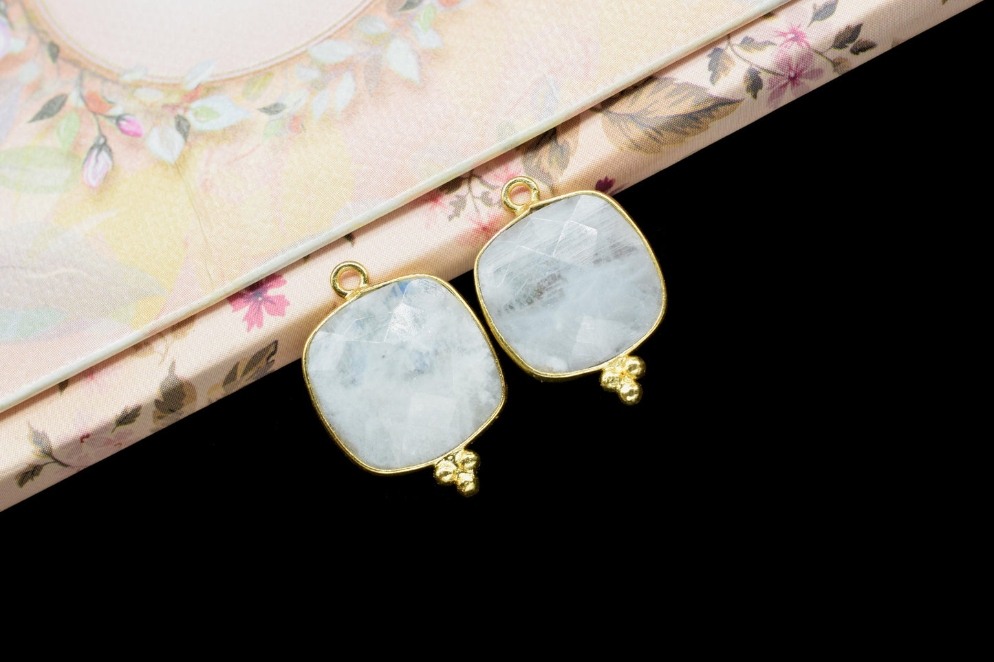 Rainbow Moonstone 14mm Cushion Bezel charms,Station Bezel Jewelry Supplies,Moonstone Jewelry,Square Shape Pendant,Rainbow Gemstone Connector