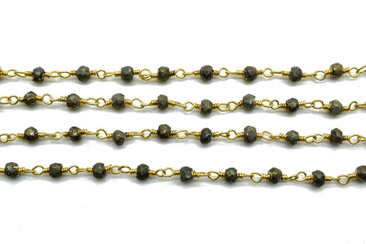 Natural Pyrite 3mm Beaded Chain,Beaded Rosary Chain,Pyrite Wrapped Brass Wire,Bracelet,Handmade Jewelry, Finding Necklace Chain In Brass