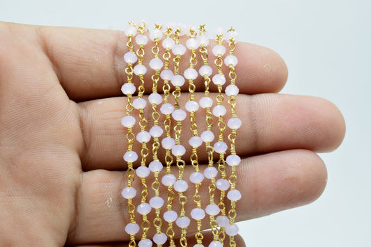Rose Quartz 3mm Beaded Chain,Pink chalcedony Wire Wrapped Chain,Rose quartz Brass chains,Jewelry Making Chain,Rose Quartz Beads rosary chain