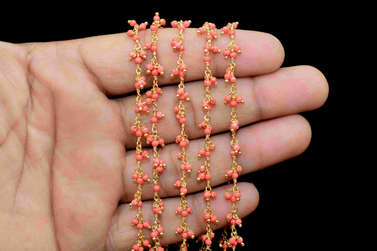 Red coral 2mm Cluster Rosary Chain,Gold Plated Chain,Wire Wrapped Chain,Jewelry Supply,Plain Red coral Beads Gold Plated dangling chain