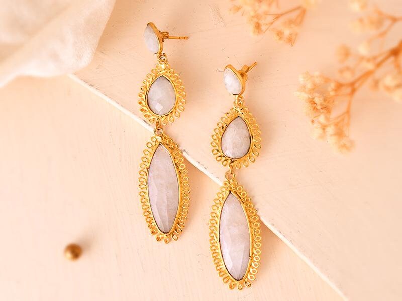 Natural Moonstone Dangle Earring/Gold Plated Earring/Bridal Earring/Handmade Jewelry/Moonstone Wedding Earring/Gold Plated Jewelry/Gift