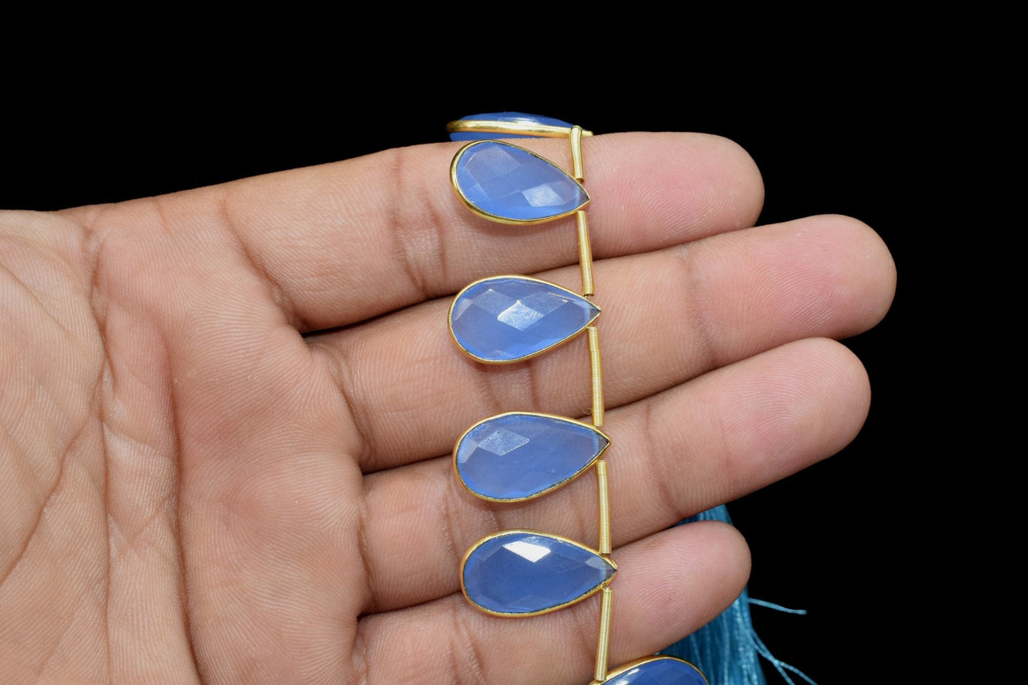 Blue chalcedony Side to Side Drilled chrams,Faceted Teardrop Gold Bezel Rim,pendant,earring findings,connector,Gemstone drilled bezel strand