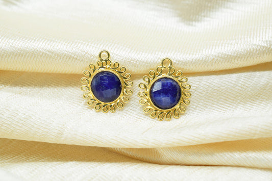 Blue Sapphire 10mm Round Bezel Charm,Gemstone Brass Component,Single Bail Pendant,Round Faceted charms,Handmade Jewellery Connector,Gift