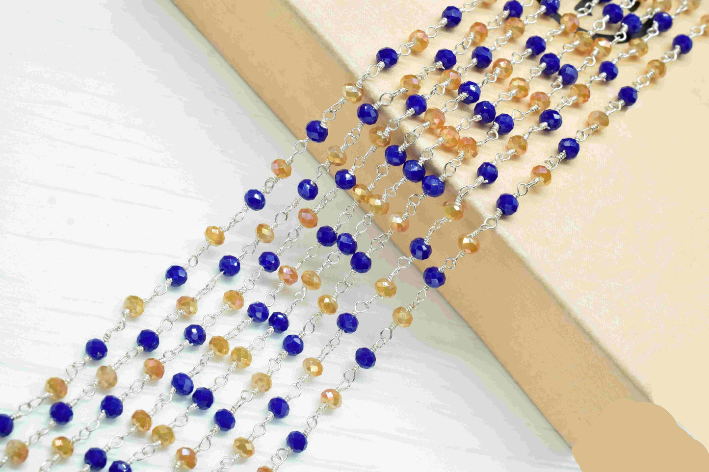 Multi Stone Rosary Chain,Blue Agate & Peach Moonstone Beaded Chain,Wire Wrapped Rosary Chain,Stone links,Handmade Rosary Jewelry Making,Gift