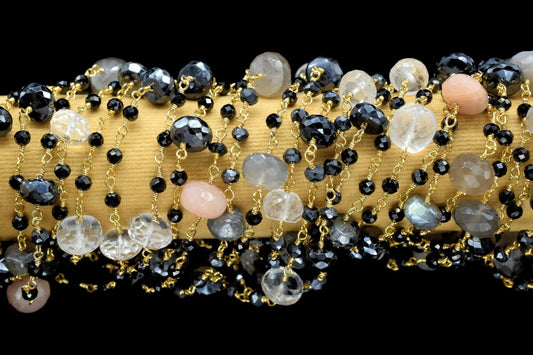 4 mm Black onyx Rosary Chain,multi moonstone Faceted Beaded Chain,Wire Wrapped gold Plated Chain,bigger size beaded ,rosary ,dual gemstone,